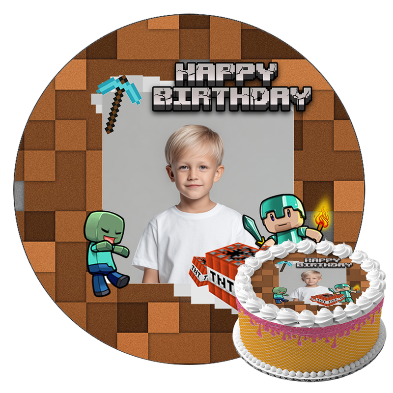 Minecraft Happy Birthday Geburtstag – Essbares Zuckerbild mit Foto, Runde Tortenaufleger - 400.0 G