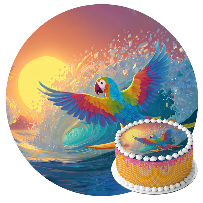 Surf Papagei, Sommer Thema, Sonnenuntergang Stil, Runde Tortenaufleger - 400.0 G