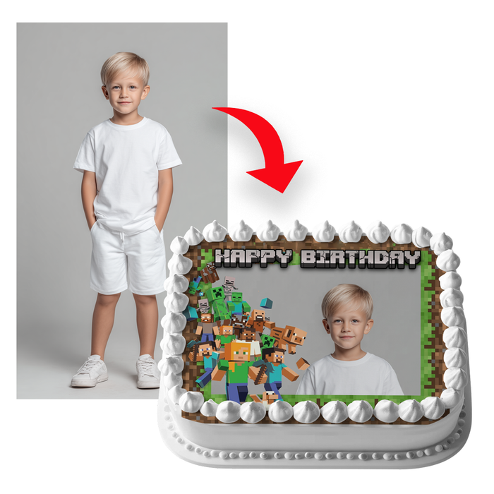 Minecraft Happy Birthday Geburtstag – Essbares Zuckerbild mit Foto, Rechteckig Tortenaufleger - 200.0 G