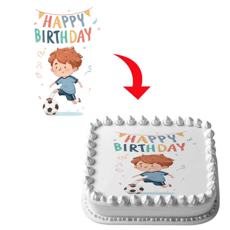 Fußballjunge, Happy Birthday Motiv, Kindergeburtstag, Rechteckige Tortenaufleger - 200.0 G