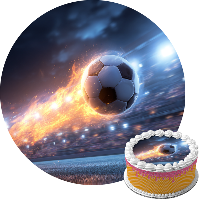 Feuerball-Fußball, Stadionlicht, Action-Motiv, Kindergeburtstag, Runde Tortenaufleger - 400.0 G