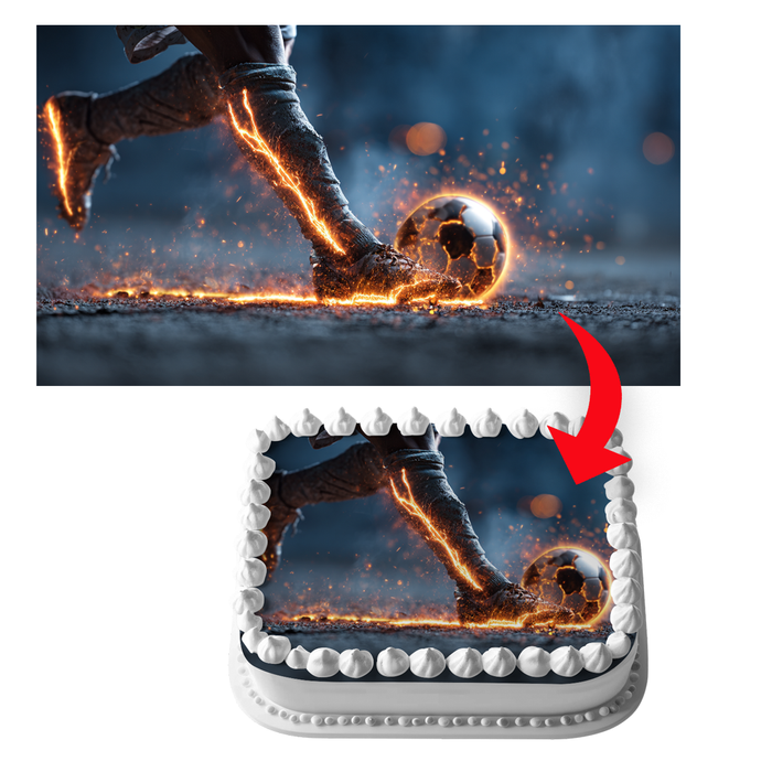 Feuerball-Kick, Episches Fußballmotiv, Actionstil, Rechteckig Tortenaufleger - 200.0 G