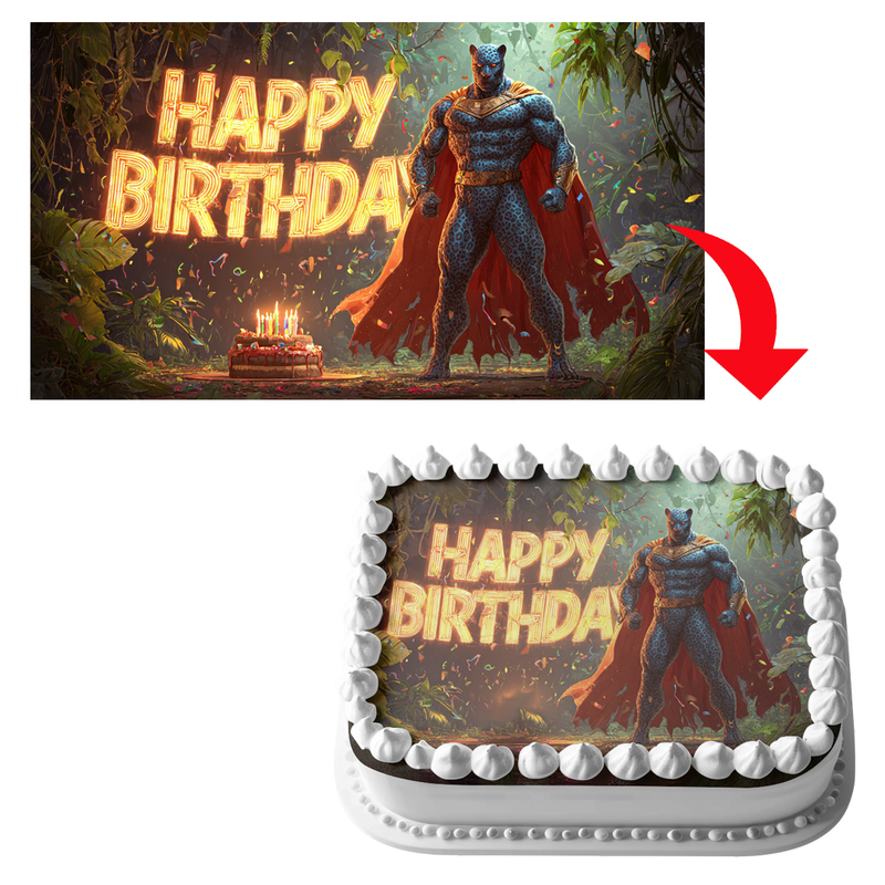 Superhelden Panther, Comic Stil, Happy Birthday, Rechteckig Tortenaufleger - 200.0 G