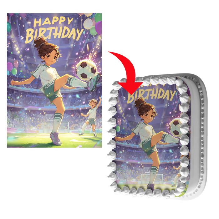 Fußballmädchen, Anime-Stil, Happy Birthday, Stadion, Rechteckig Tortenaufleger - 200.0 G