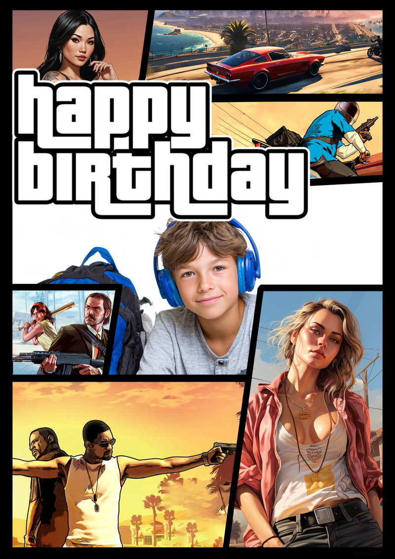 GTA Theft Auto – essbare Geburtstag Deko mit eigenem Foto, Rechteckig Tortenaufleger - 200.0 G