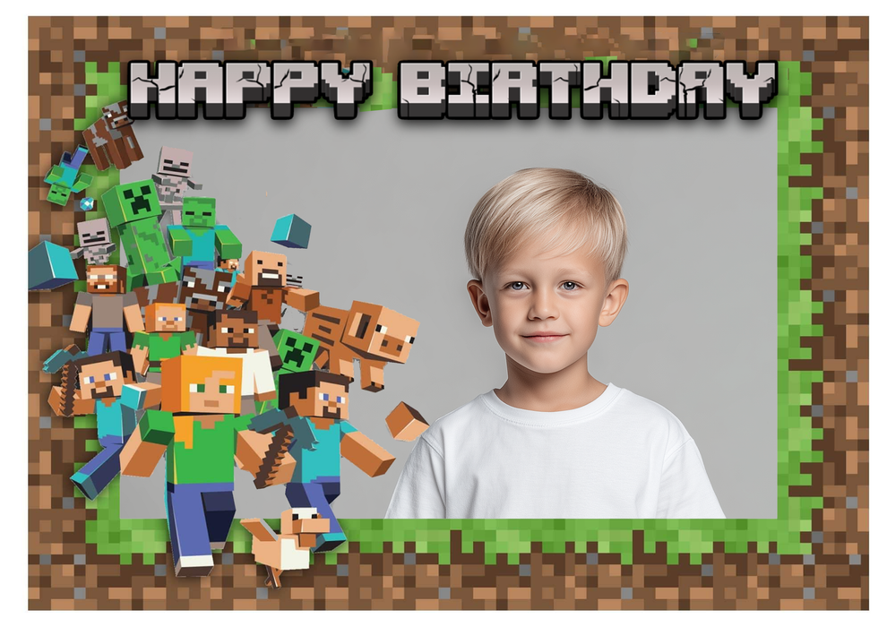 Minecraft Happy Birthday Geburtstag – Essbares Zuckerbild mit Foto, Rechteckig Tortenaufleger - 200.0 G