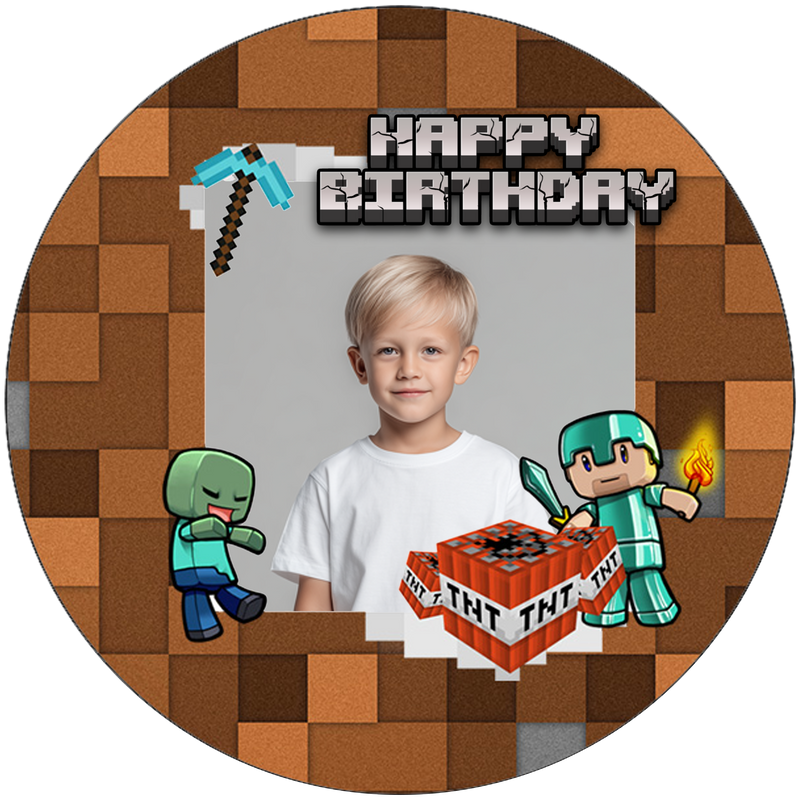 Minecraft Happy Birthday Geburtstag – Essbares Zuckerbild mit Foto, Runde Tortenaufleger - 400.0 G