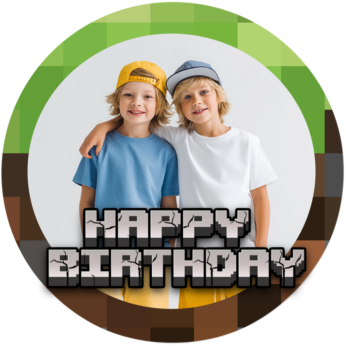 Minecraft Happy Birthday – Essbares Zuckerbild mit Foto, Runde Tortenaufleger - 400.0 G