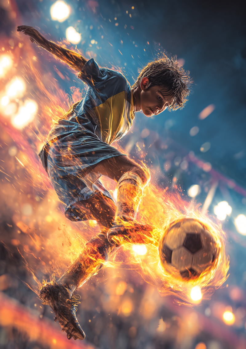 Feuerball-Fußball, Stadionlicht, Action-Motiv, Kindergeburtstag, Rechteckig Tortenaufleger - 200.0 G