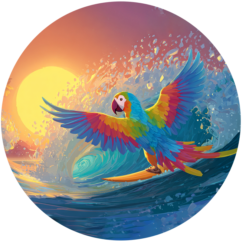 Surf Papagei, Sommer Thema, Sonnenuntergang Stil, Runde Tortenaufleger - 400.0 G