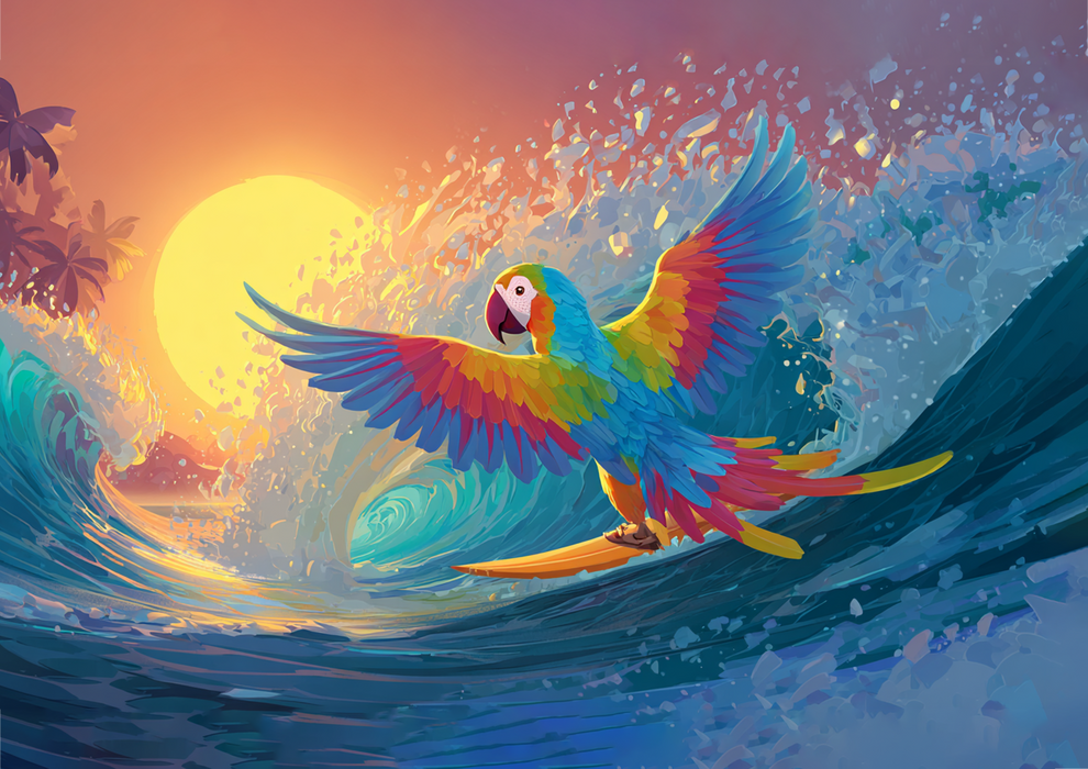 Surf Papagei, Sommer Thema, Sonnenuntergang Stil, Rechteckig Tortenaufleger - 200.0 G