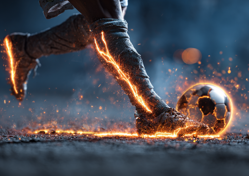 Feuerball-Kick, Episches Fußballmotiv, Actionstil, Rechteckig Tortenaufleger - 200.0 G