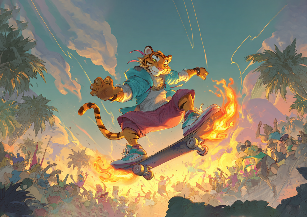 Skateboard Tiger, Comic Stil, Streetstyle Thema, Rechteckig Tortenaufleger 200.0 G