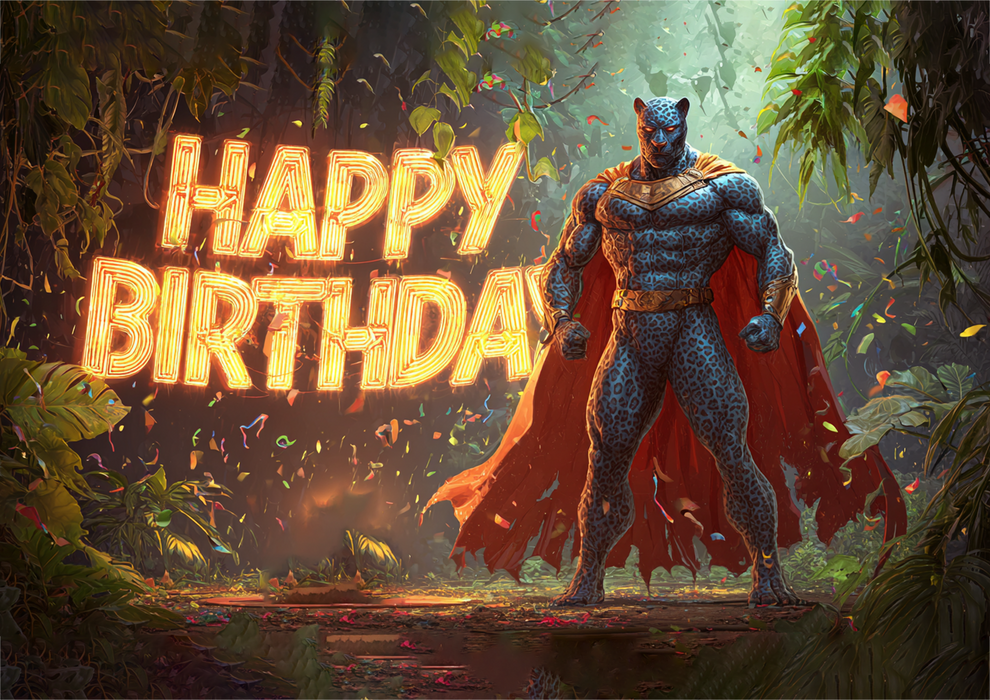 Superhelden Panther, Comic Stil, Happy Birthday, Rechteckig Tortenaufleger - 200.0 G