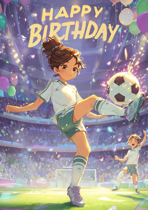 Fußballmädchen, Anime-Stil, Happy Birthday, Stadion, Rechteckig Tortenaufleger - 200.0 G