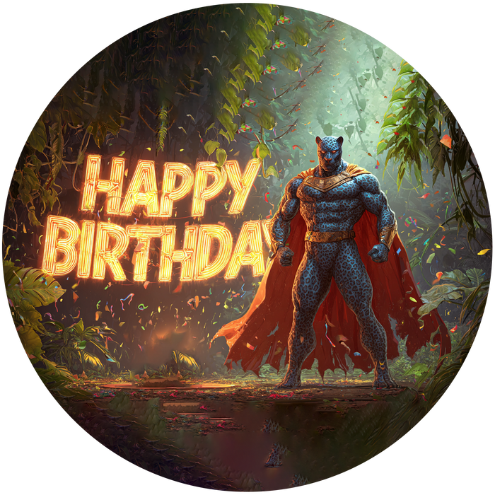 Superhelden Panther, Comic Stil, Happy Birthday, Runde Tortenaufleger - 400.0 G