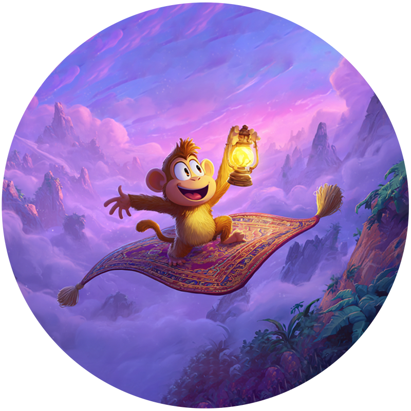 Magischer Affe, Fliegender Teppich, Aladdin Stil, Runde Tortenaufleger - 400.0 G