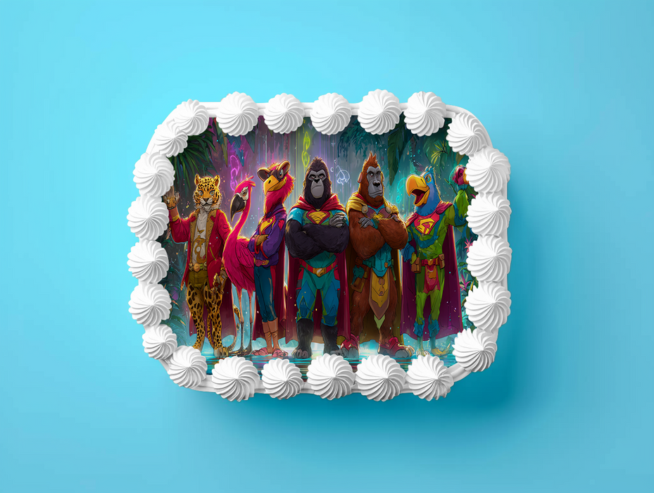 Superhelden Tierteam, Comic Stil, Dschungel Thema, Rechteckig Tortenaufleger - 200.0 G