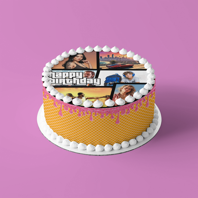 GTA Theft Auto – essbare Geburtstag Deko mit eigenem Foto, Runde Tortenaufleger - 400.0 G