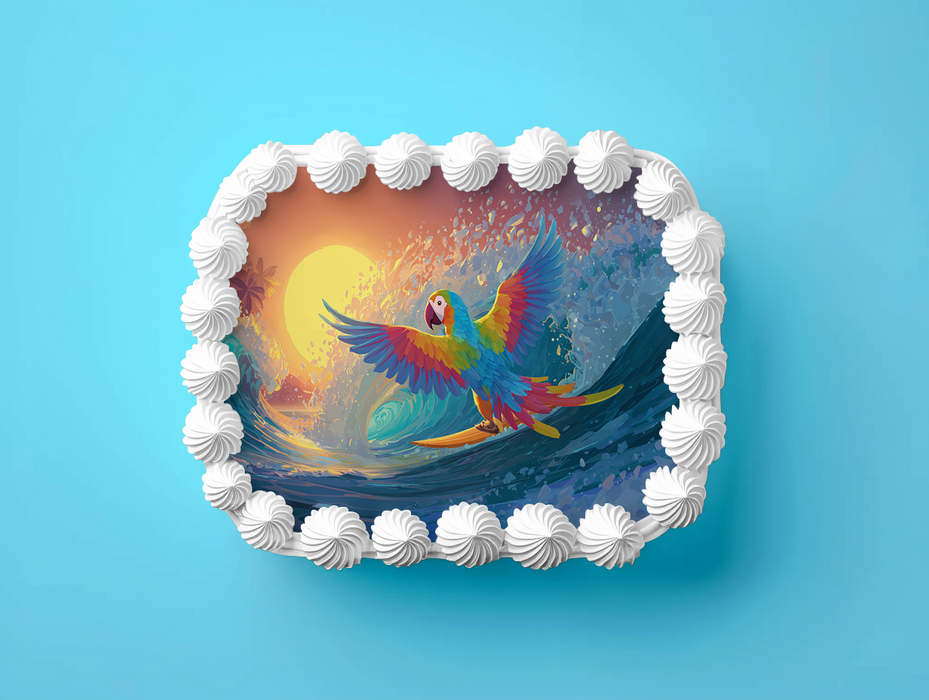 Surf Papagei, Sommer Thema, Sonnenuntergang Stil, Rechteckig Tortenaufleger - 200.0 G