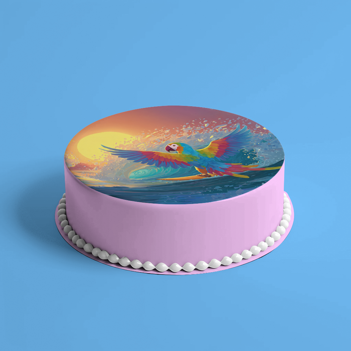Surf Papagei, Sommer Thema, Sonnenuntergang Stil, Runde Tortenaufleger - 400.0 G