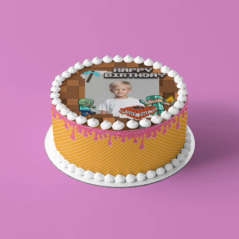 Minecraft Happy Birthday Geburtstag – Essbares Zuckerbild mit Foto, Runde Tortenaufleger - 400.0 G