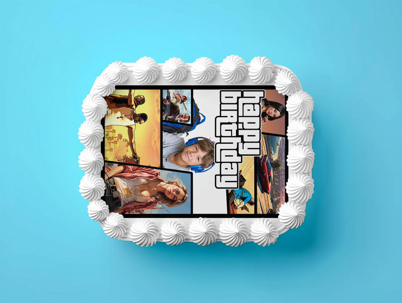 GTA Theft Auto – essbare Geburtstag Deko mit eigenem Foto, Rechteckig Tortenaufleger - 200.0 G