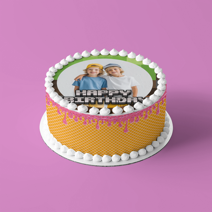 Minecraft Happy Birthday – Essbares Zuckerbild mit Foto, Runde Tortenaufleger - 400.0 G