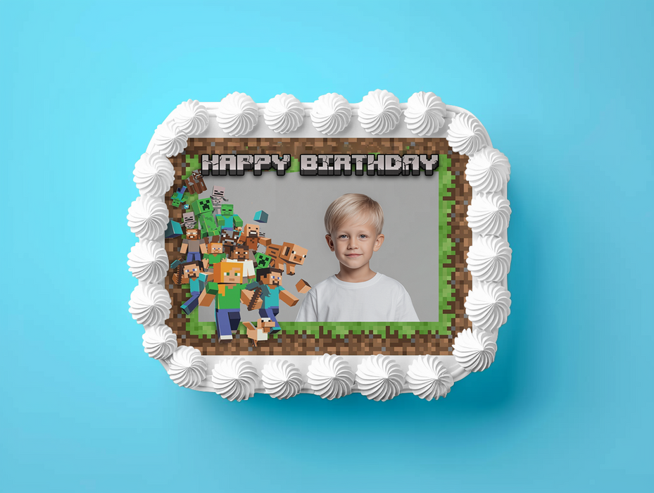 Minecraft Happy Birthday Geburtstag – Essbares Zuckerbild mit Foto, Rechteckig Tortenaufleger - 200.0 G