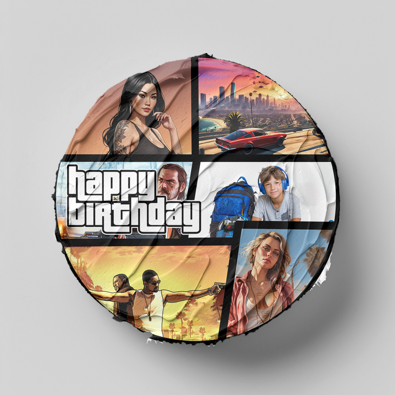 GTA Theft Auto – essbare Geburtstag Deko mit eigenem Foto, Runde Tortenaufleger - 400.0 G