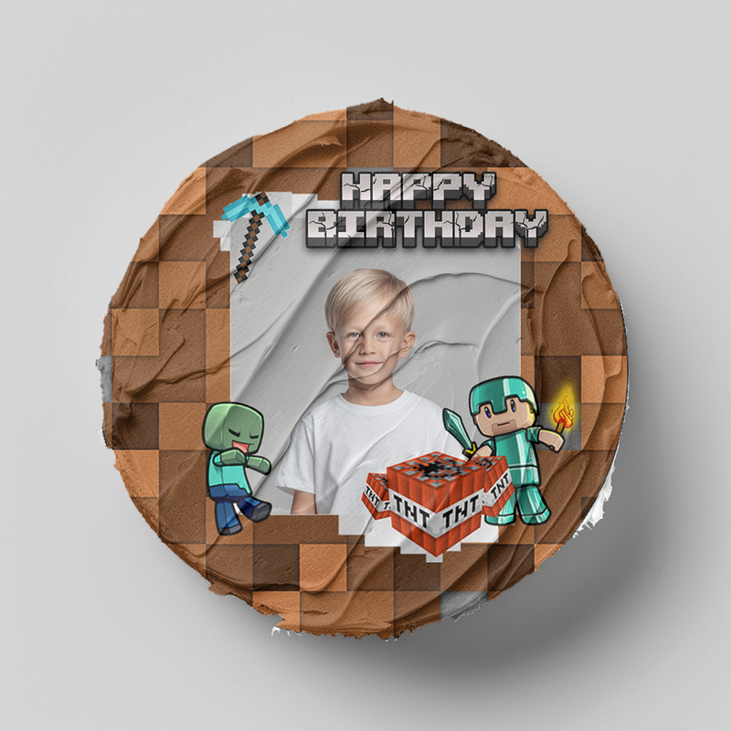 Minecraft Happy Birthday Geburtstag – Essbares Zuckerbild mit Foto, Runde Tortenaufleger - 400.0 G