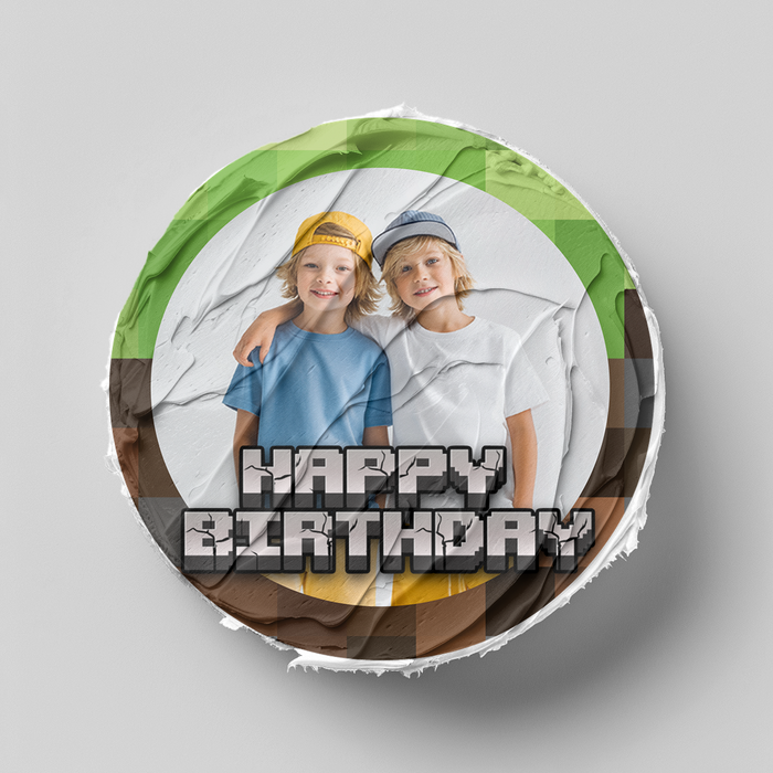 Minecraft Happy Birthday – Essbares Zuckerbild mit Foto, Runde Tortenaufleger - 400.0 G
