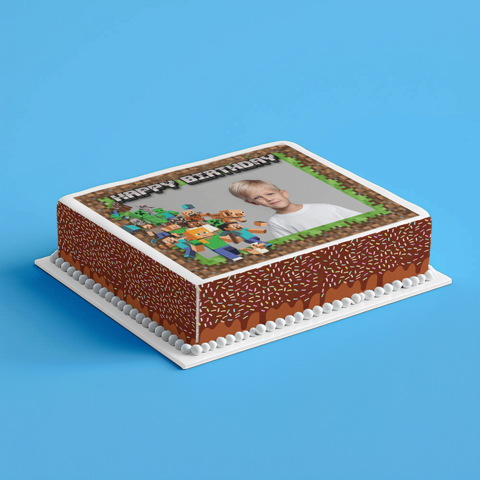 Minecraft Happy Birthday Geburtstag – Essbares Zuckerbild mit Foto, Rechteckig Tortenaufleger - 200.0 G