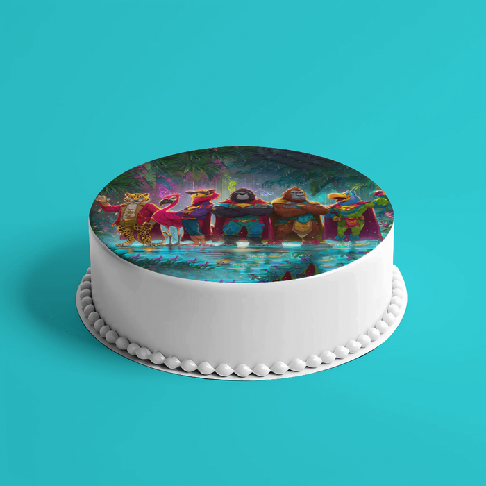 Superhelden Tierteam, Comic Stil, Dschungel Thema, Runde Tortenaufleger - 400.0 G