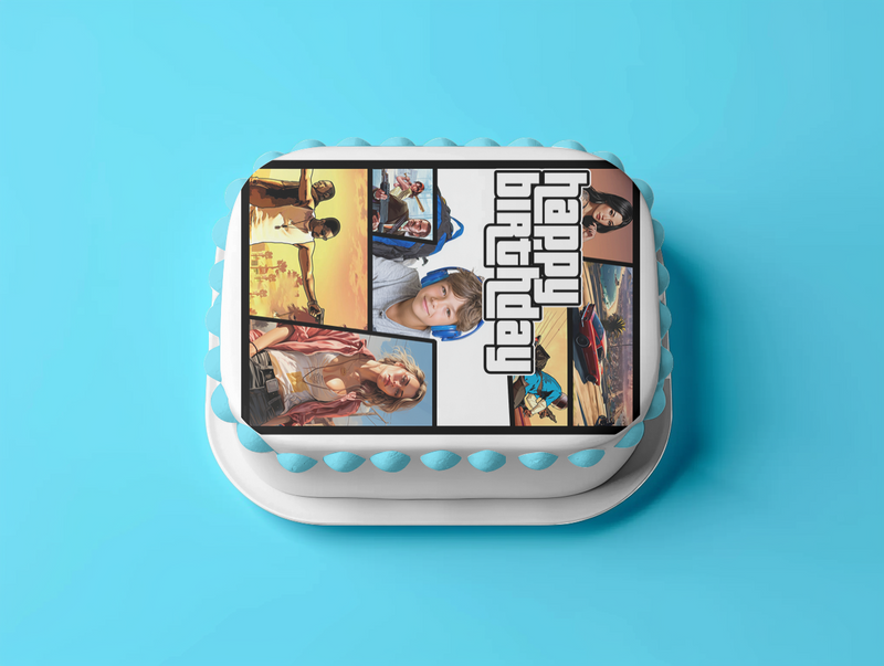 GTA Theft Auto – essbare Geburtstag Deko mit eigenem Foto, Rechteckig Tortenaufleger - 200.0 G