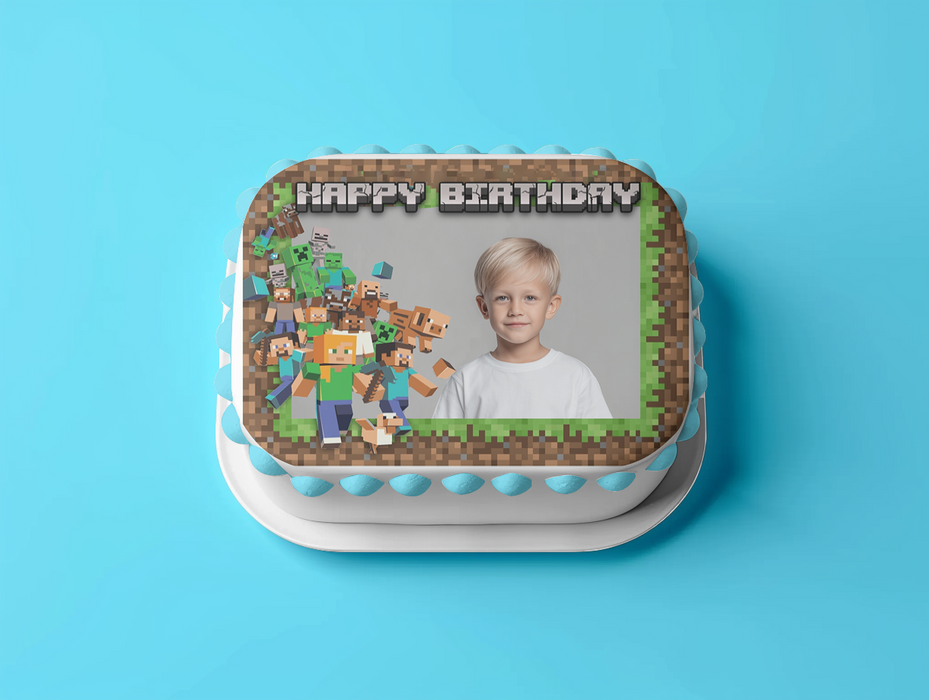 Minecraft Happy Birthday Geburtstag – Essbares Zuckerbild mit Foto, Rechteckig Tortenaufleger - 200.0 G