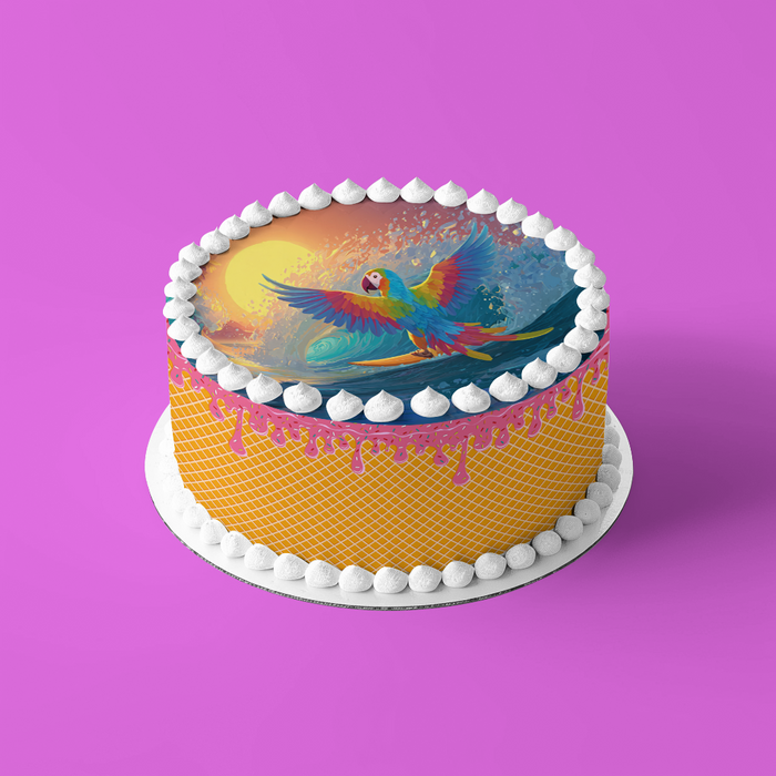 Surf Papagei, Sommer Thema, Sonnenuntergang Stil, Runde Tortenaufleger - 400.0 G