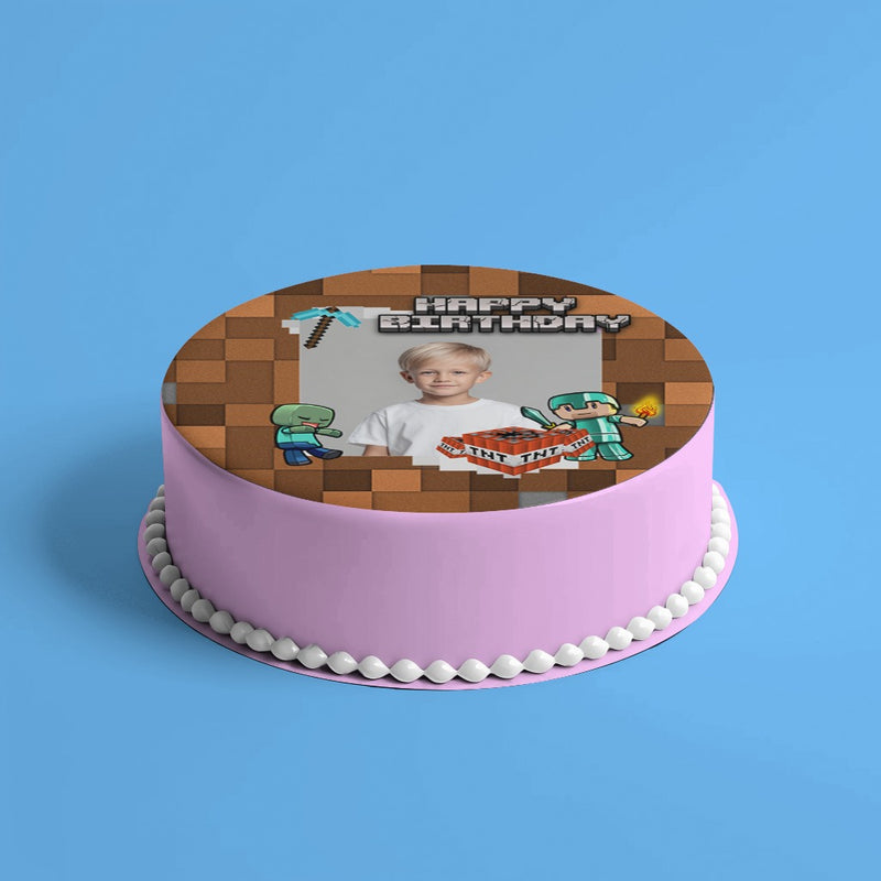 Minecraft Happy Birthday Geburtstag – Essbares Zuckerbild mit Foto, Runde Tortenaufleger - 400.0 G