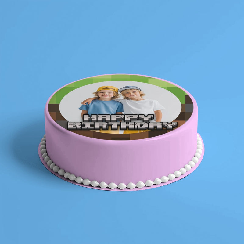 Minecraft Happy Birthday – Essbares Zuckerbild mit Foto, Runde Tortenaufleger - 400.0 G
