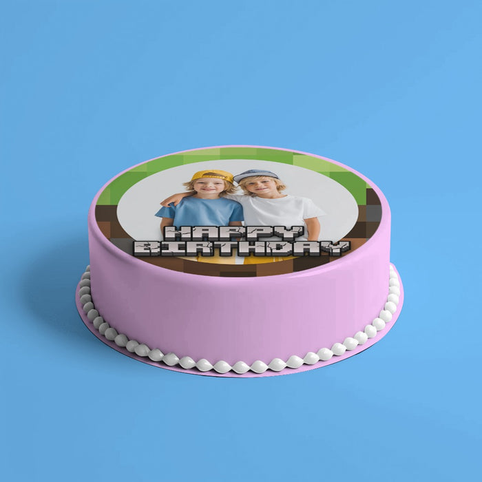 Minecraft Happy Birthday – Essbares Zuckerbild mit Foto, Runde Tortenaufleger - 400.0 G