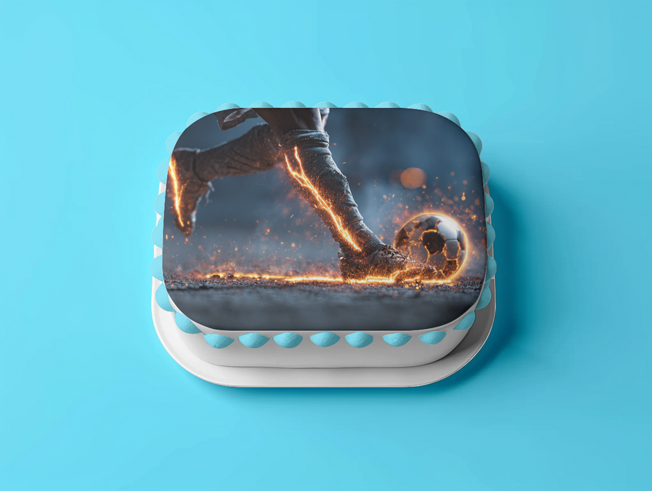 Feuerball-Kick, Episches Fußballmotiv, Actionstil, Rechteckig Tortenaufleger - 200.0 G