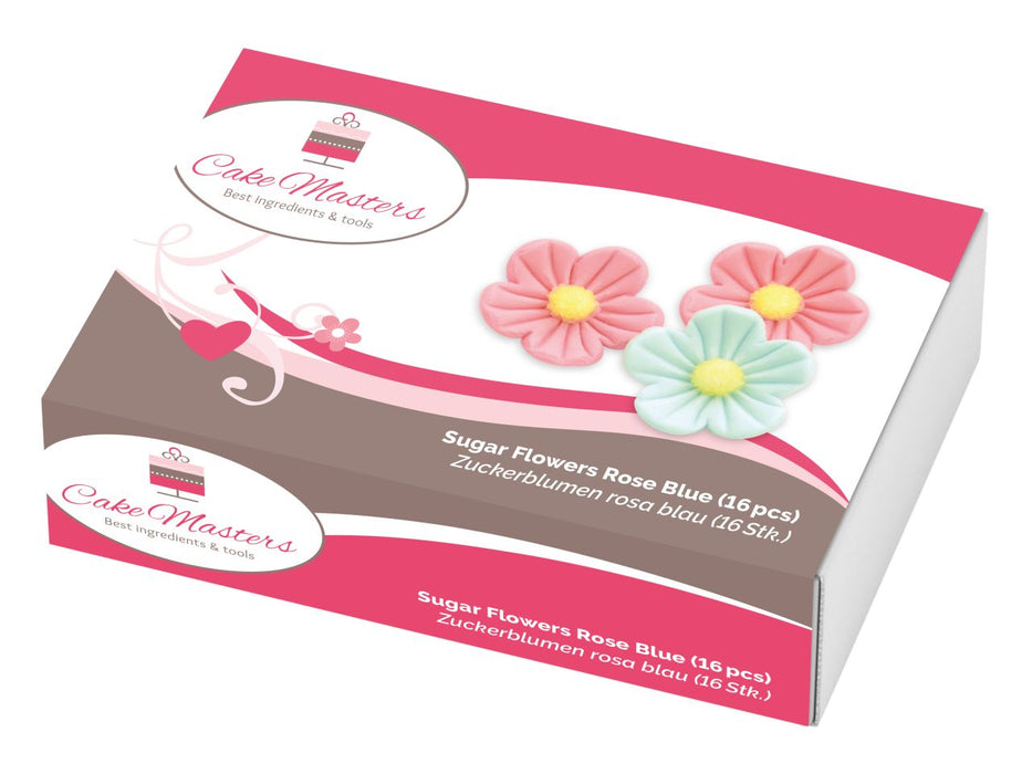 Blumen 25mm rosa-blau Zucker, 16 Stück