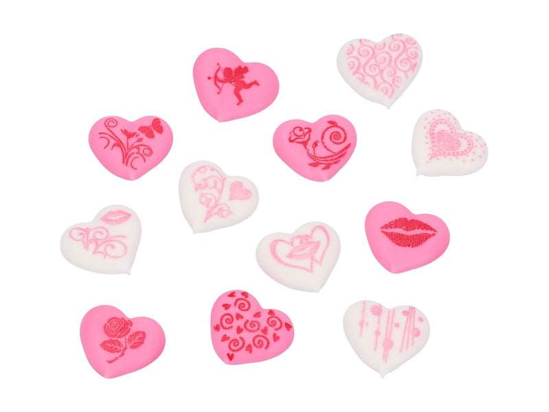 Harten met motieven wit-roze suiker, 24 stuks