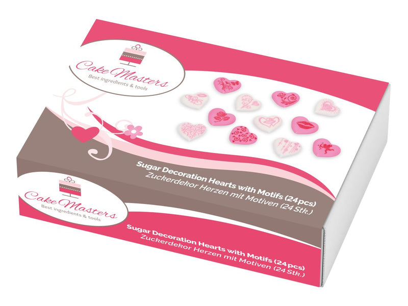 Harten met motieven wit-roze suiker, 24 stuks