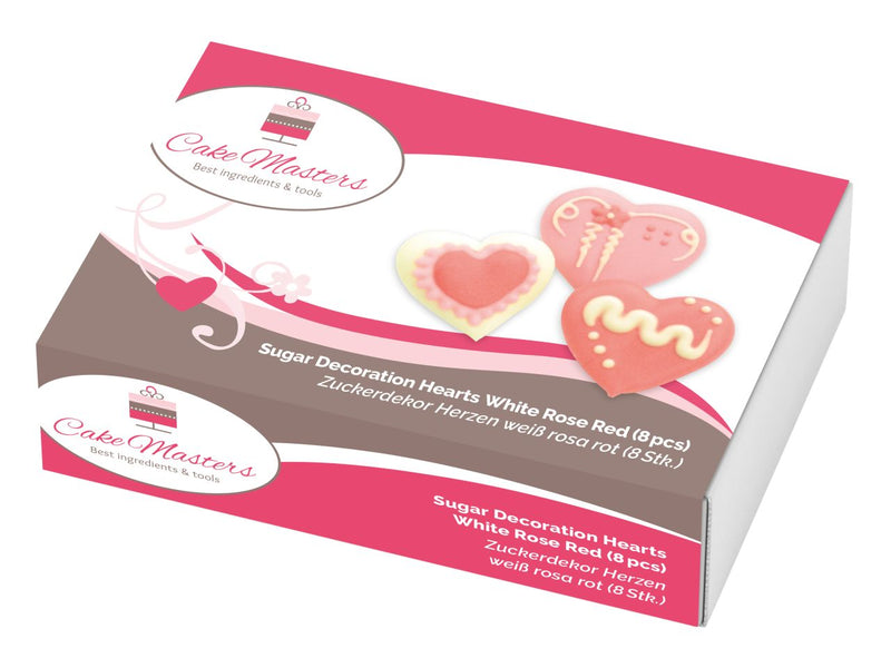 Hartjes wit-roze-rood suiker, 8 stuks