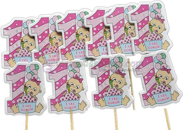1 Jahr Baby Thema rosa Kuchen Topper, Cupcake Picks - Tortendekoshop