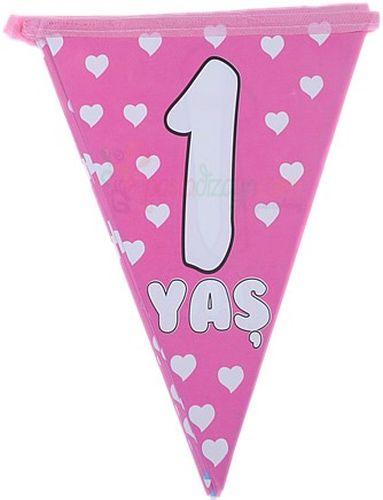 1 Jahr Herz bedruckte Wimpelkette rosa - Tortendekoshop