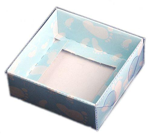 Babyblau Fussabdruck Acetat Schachteln, 9x9x3cm - Tortendekoshop