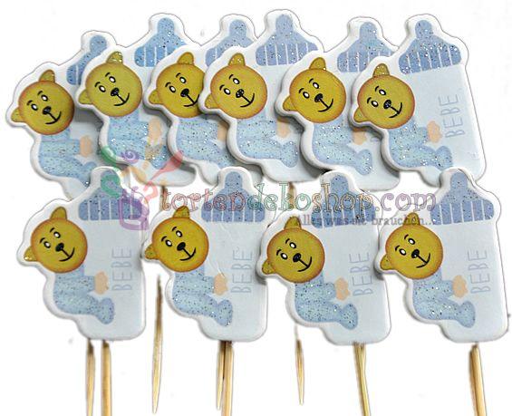 Blau Babyschoppen mit Bär Kuchen Topper, Cupcake Picks - Tortendekoshop