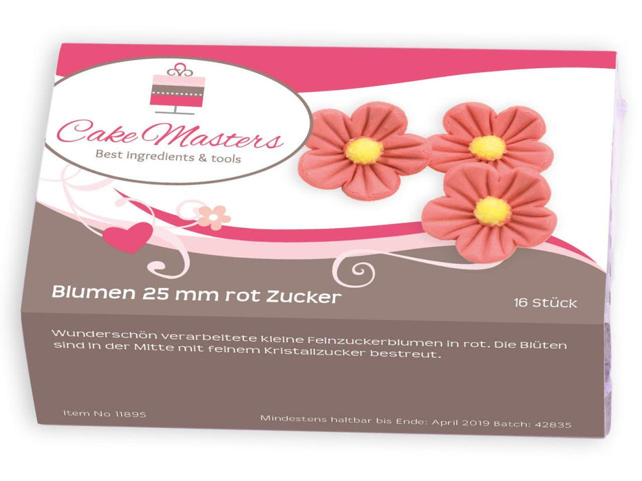 Blumen, 25mm, rot, Zucker, 16 Stück - Tortendekoshop